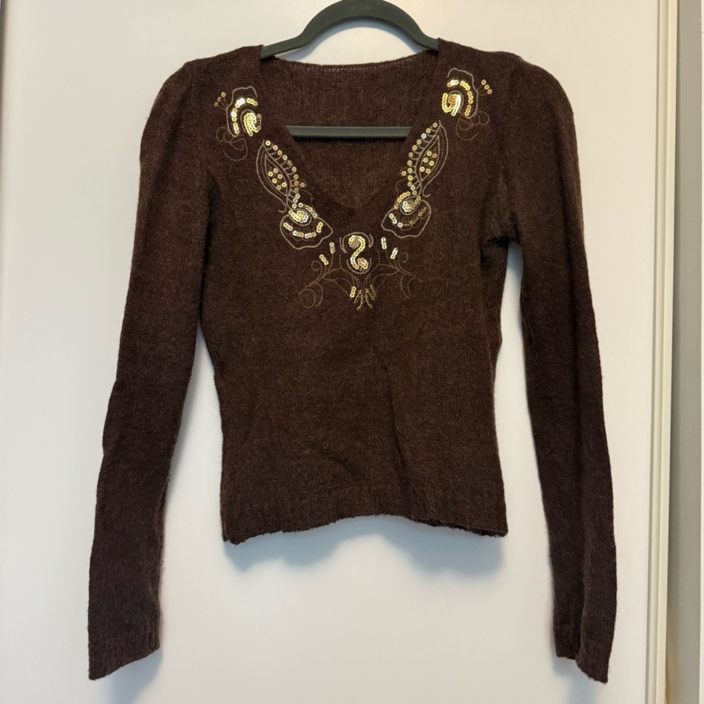 Brown Wool & Mohair V Neck Sweater with Gold Embroidery